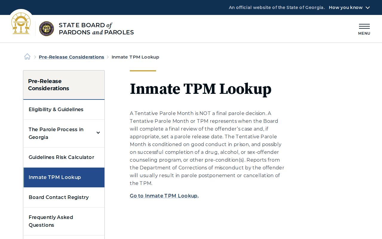 Georgia TPM lookup used for Chatham County projected parole release records